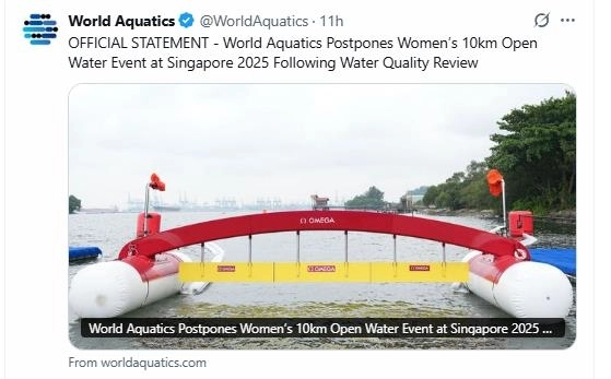 “수질 문제로 하루 연기”…싱가포르 오픈워터 여자 10㎞ 경주 하루 미뤄져 / 연합뉴스
