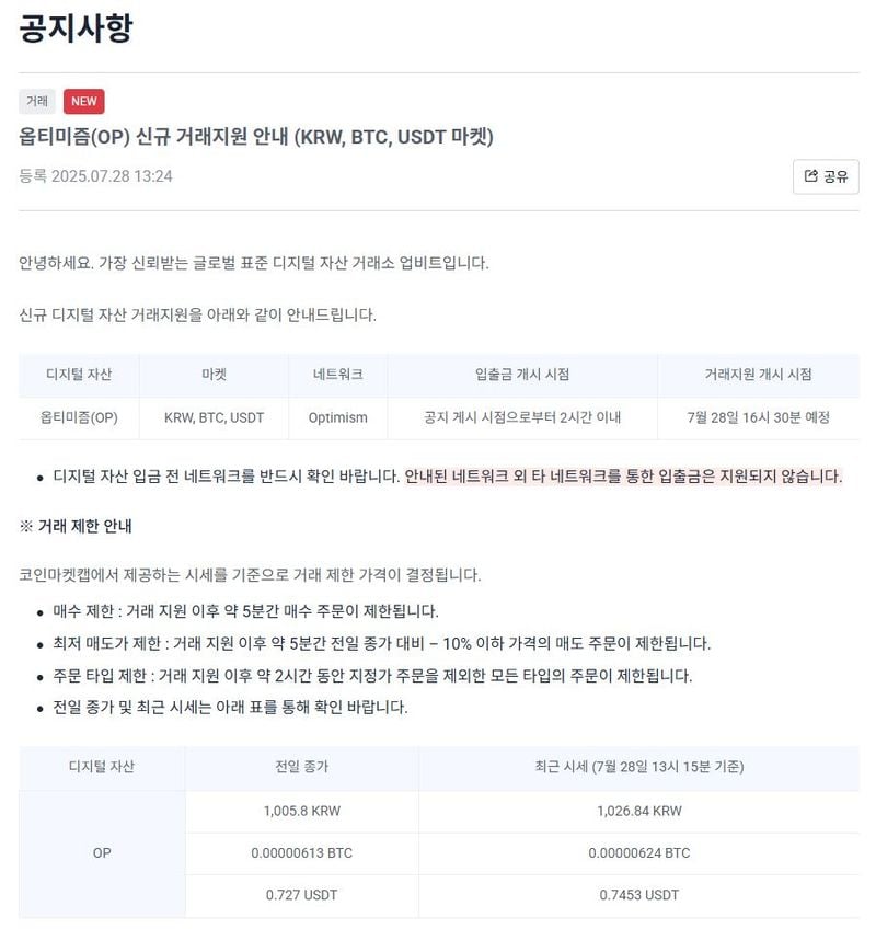 업비트, 옵티미즘(OP) 거래지원 본격화