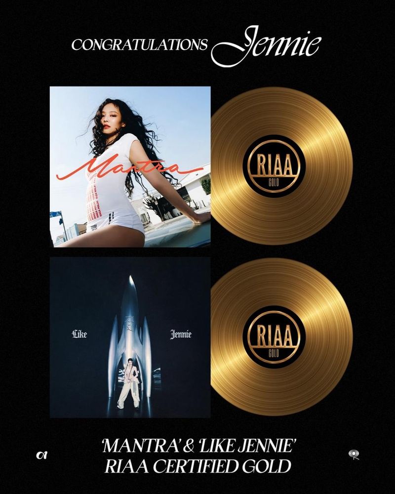 “K팝 기록 다시 썼다”…제니, ‘Mantra’·‘Like JENNIE’로 美 RIAA 골드 인증→글로벌 저력 증명 / OA엔터테인먼트