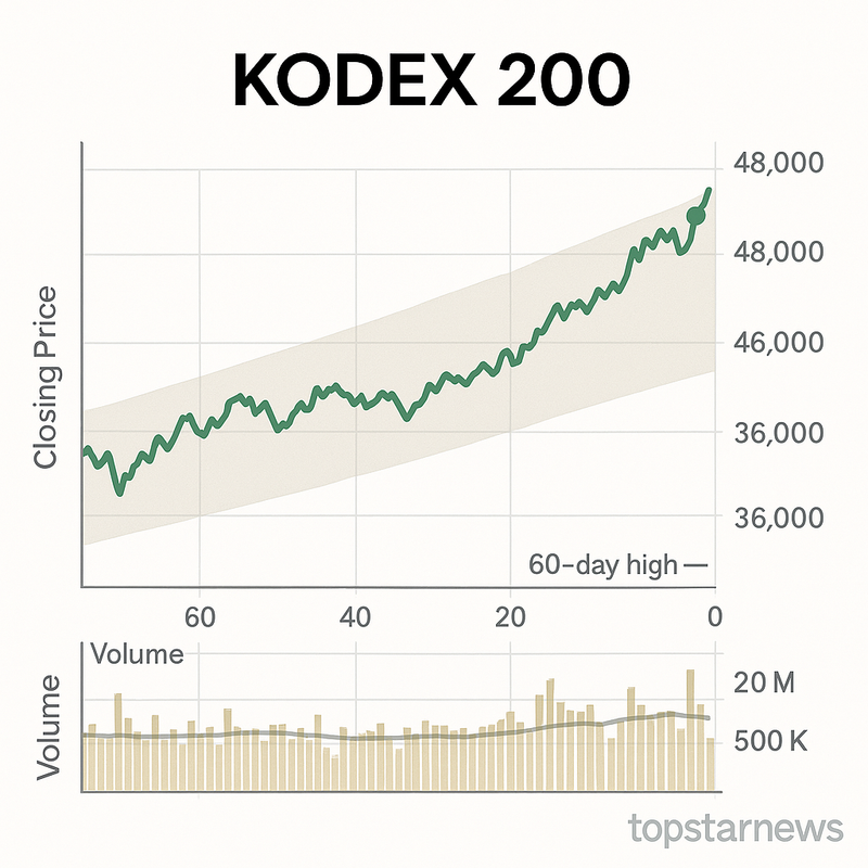 코덱스(KODEX) 200 0.4% 상승, 48,075원 장중…거래량 20일 평균의 절반 수준