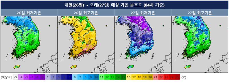 [오늘의 날씨] "낮 최고 23도·경북·제주 5mm 비"…북쪽 찬 공기 모레 큰 기온변화 / 기상청