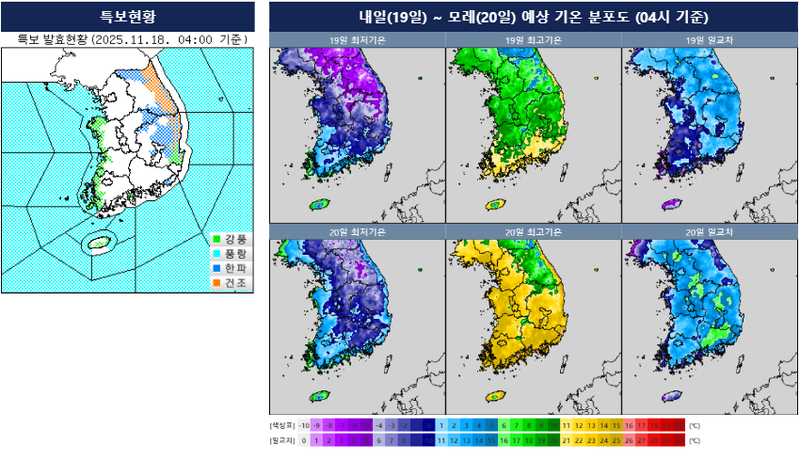 [오늘의 날씨] 북쪽 찬 공기 유입…전국 낮기온 4도~11도, 서해안 바람 순간풍속 70km/h / 기상청