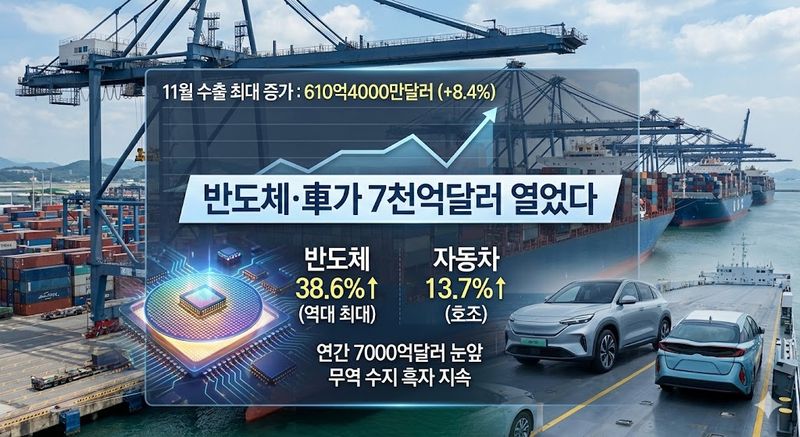 11월 수출 최대 증가…반도체·車가 7천억달러 열었다