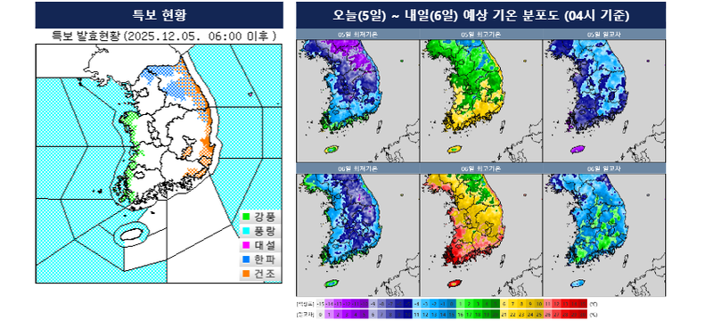 [오늘의 날씨] 한파특보 속 전국 -5도 안팎 강추위…5~10cm 눈 쌓인 울릉도·독도, 빙판길 주의 / 기상청