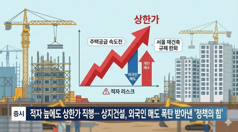 [분석] 적자 늪에도 상한가 직행… 상지건설, 외국인 매도 폭탄 받아낸 '정책의 힘' (제공:AI제작)