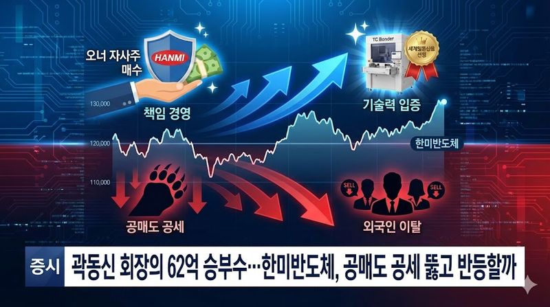 [분석] 곽동신 회장의 62억 승부수… 한미반도체, 공매도 공세 뚫고 반등할까(제공:AI제작)