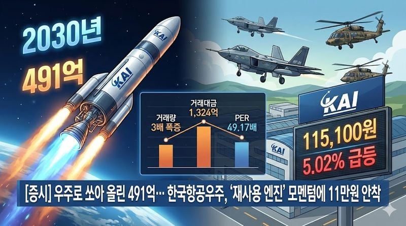 [분석] 우주로 쏘아 올린 491억… 한국항공우주, '재사용 엔진' 모멘텀에 11만원 안착 (제공:AI제작)