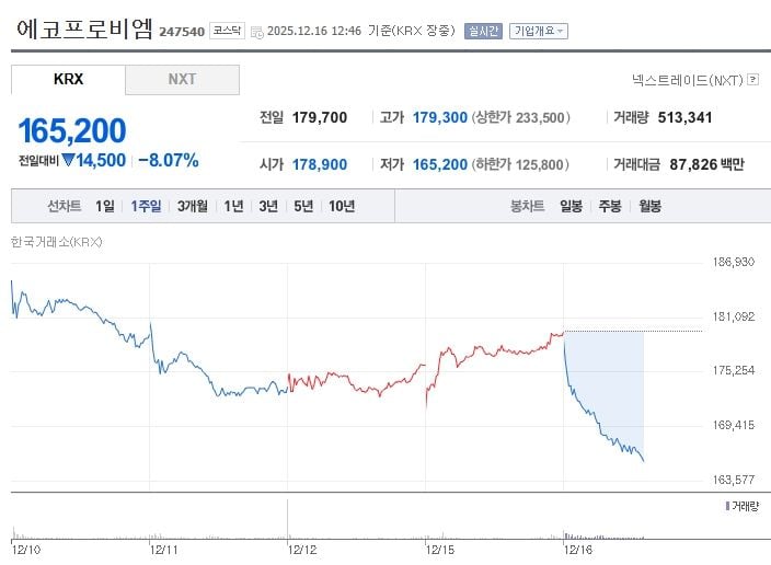 에코프로비엠[247540] 최근 1주일 주가 추이 (출처: 네이버증권)