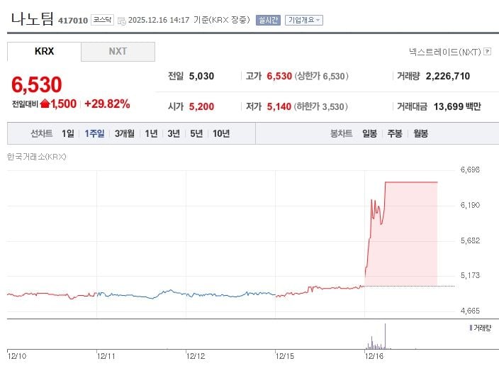 나노팀[417010] 최근 1주일 주가 추이 (출처: 네이버증권)