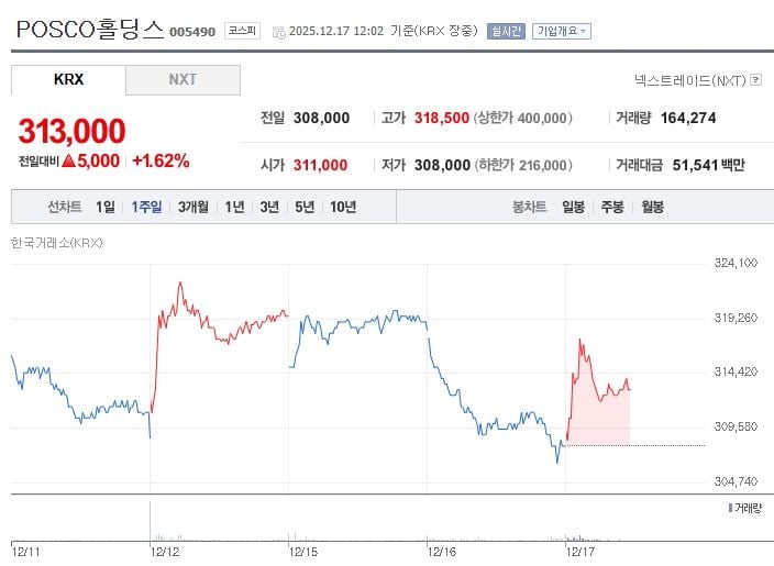 ▲ POSCO홀딩스[005490] 최근 1주일 주가 추이 (출처: 네이버증권)