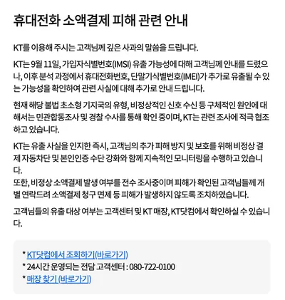 “KT, 휴대전화 번호·IMEI까지 추가 유출”…소액결제 피해 점검 나서