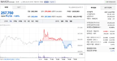 “NAVER 장중 약세 확대”…IT 대형주, 업종 평균보다 낙폭 커져