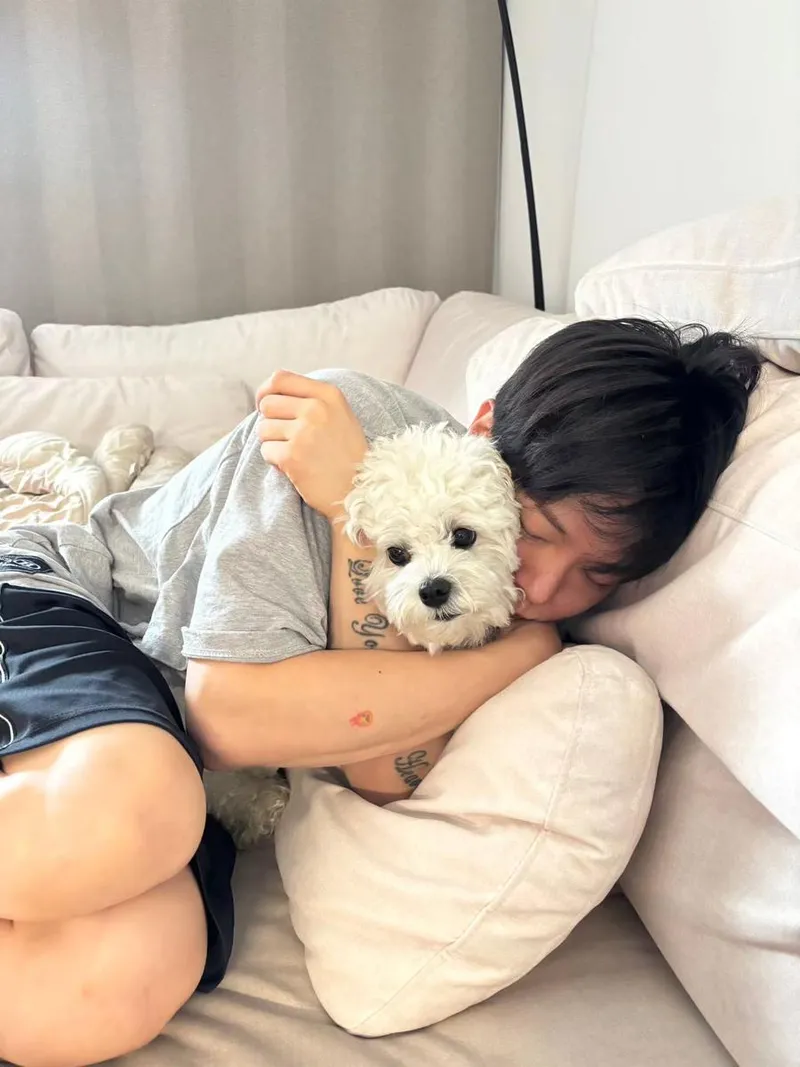 “포근함이 번지던 오후”…신예찬, 반려견 껴안고→따스한 휴식 / 그룹 루시 신예찬 인스타그램